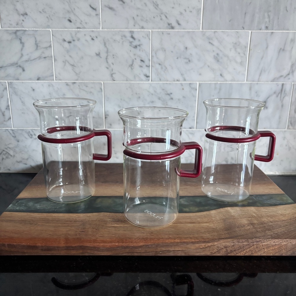 Vintage MCM Set of 3 BODUM Bistro Glass Mugs with Magenta / Burgundy Red Handles